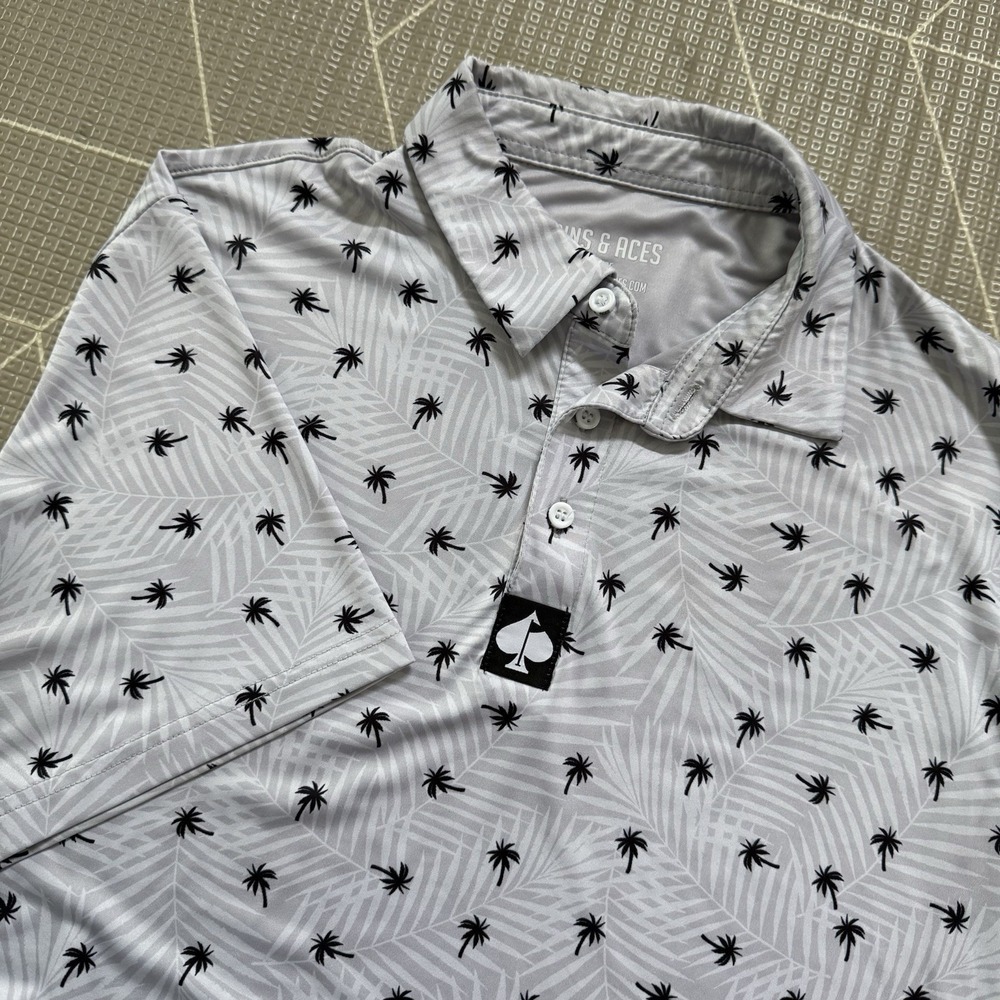 Pins & Aces Men's Palm Sunday Golf Polo L Gray‎ Palm Trees Performance